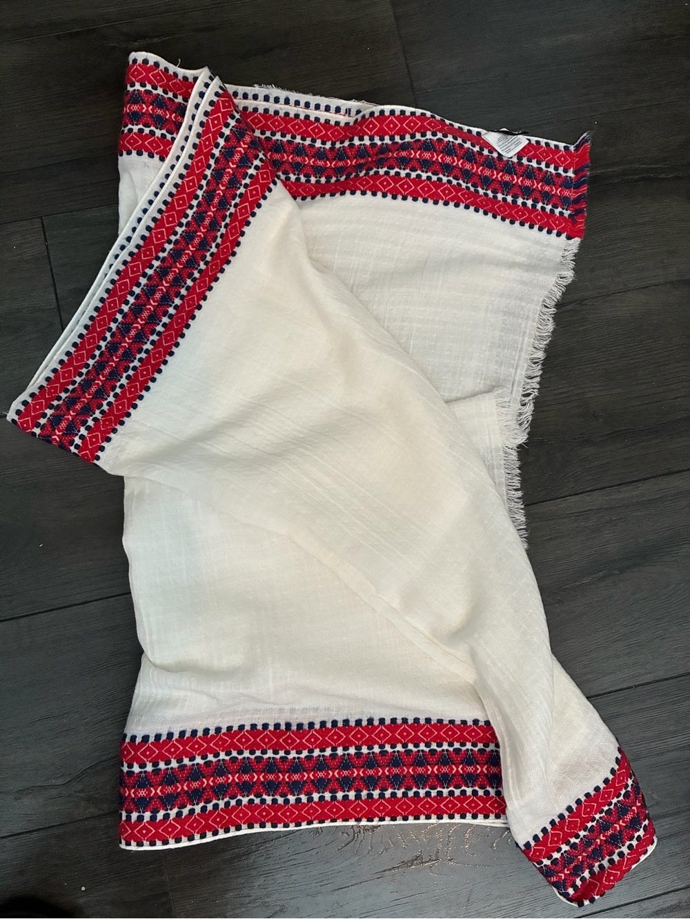 Embroidered White Scarf with Red & Navy Border